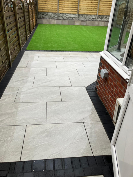 Porcelain patio and artificial grass